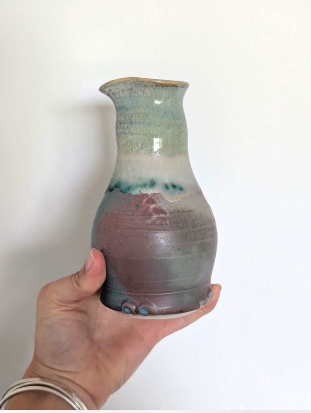 Signed Studio Pottery Small Pitcher Vase Drip Glaze Earth Tones Pinch Spout